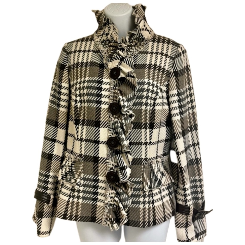 Etcetera Ruffle Front Plaid Blazer w/ Leather Detail